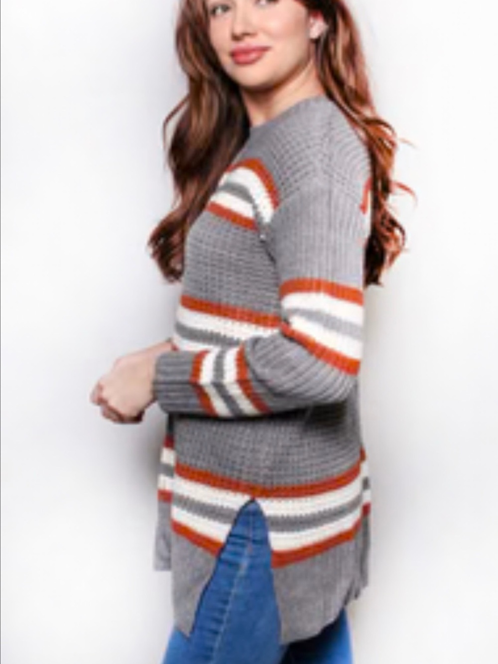 Arizona Jean Company Gray Knit Sweater with Rust and White Stripes